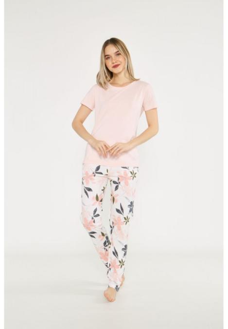 Pijama damă, bluză cu mânecă scurtă și decolteu rotund, pantaloni lungi cu imprimeu floral, culoare somon