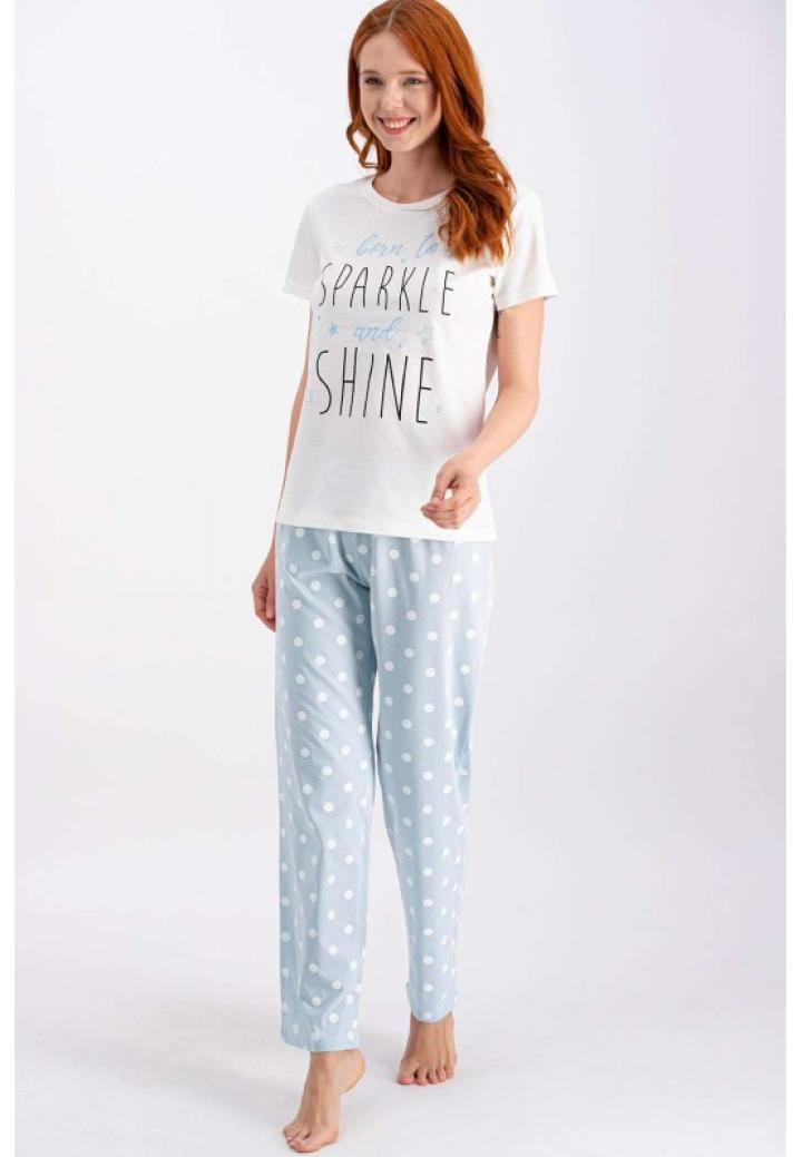 Pijama damă cu bluză cu mânecă scurtă și pantaloni lungi, imprimeu „Born to sparkle and shine”.