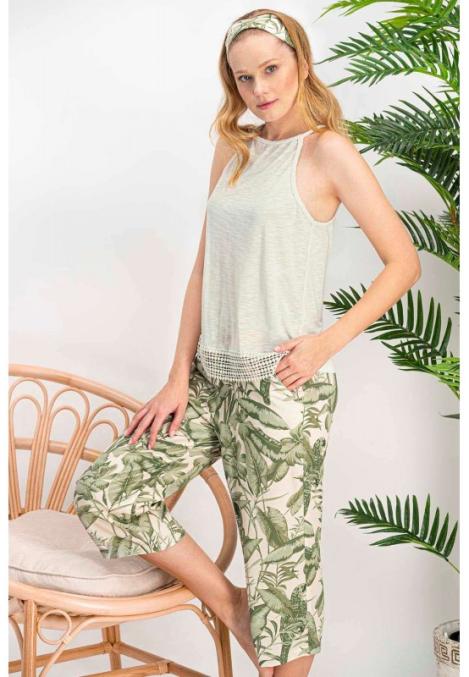 Pijama damă cu bluză tip maiou cu bretele și pantaloni 3/4, imprimeu tropical, verde/alb