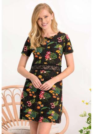 Rochie damă cu mânecă scurtă și imprimeu floral, culoare negru