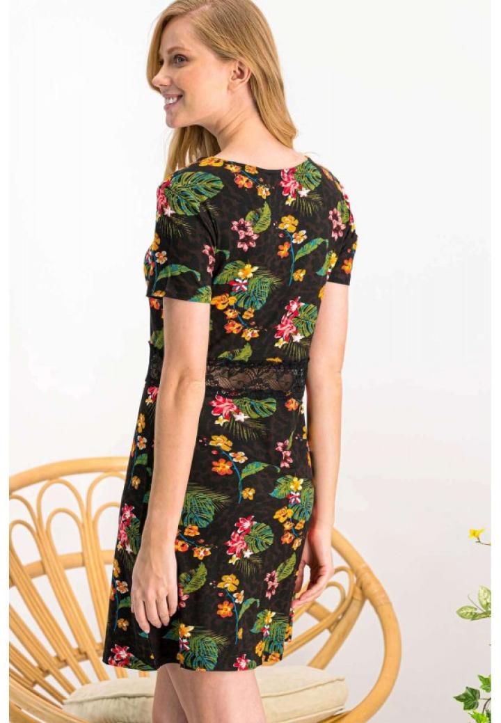 Rochie damă cu mânecă scurtă și imprimeu floral, culoare negru