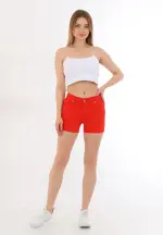 Blugi scurți damă de vară – elastici, mulați, cu buzunare la spate-rosu