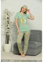 Pijama Dama din Bumbac – Set cu Tricou și Pantaloni Lungi si Masca de Dormit, imprimeu Happy Birthday, verde