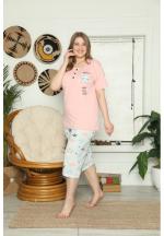 Pijama dama din bumbac Big Size, colecția primăvară, tricou cu nasturi și pantaloni 3/4, imprimeu stea