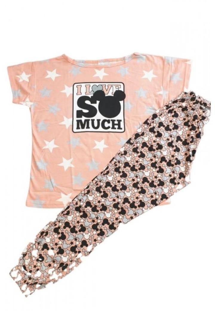 Pijama Dama din Bumbac cu Maneca Scurtă și Pantaloni Lungi – Set cu Imprimeu „I Love You So Much”