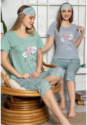 Pijama dama din bumbac, set 2 piese, tricou gri cu imprimeu "Flowers" si pantaloni 3/4, masca de dormit asortata, gri