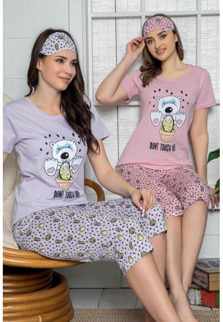 Pijama dama din bumbac, set 2 piese, tricou roz cu imprimeu Don't touch me si pantaloni 3/4, masca de dormit asortata, roz