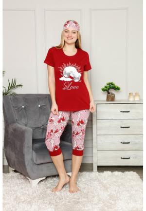 Pijama dama din bumbac, set 2 piese, tricou si pantaloni 3/4 cu manseta, imprimeu Love, masca de dormit asortata