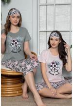 Pijama Dama din Bumbac – Set cu Tricou “Flowers World” și Pantaloni 3/4, Masca de Dormit, Gri