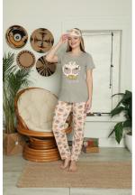 Pijama Dama din Bumbac – Set cu Tricou „I Love Pizza” și Pantaloni Lungi, Masca de Dormit, gri