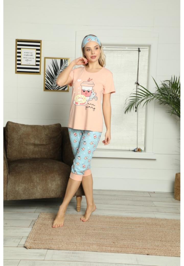 Pijama Dama din Bumbac – Set cu Tricou și Pantaloni 3/4 cu Mansetă si Masca de Dormit, Imprimeu Yummy