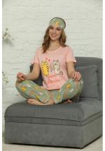 Pijama Dama din Bumbac – Set cu Tricou și Pantaloni Lungi si Masca de Dormit, imprimeu Happy Birthday, roz