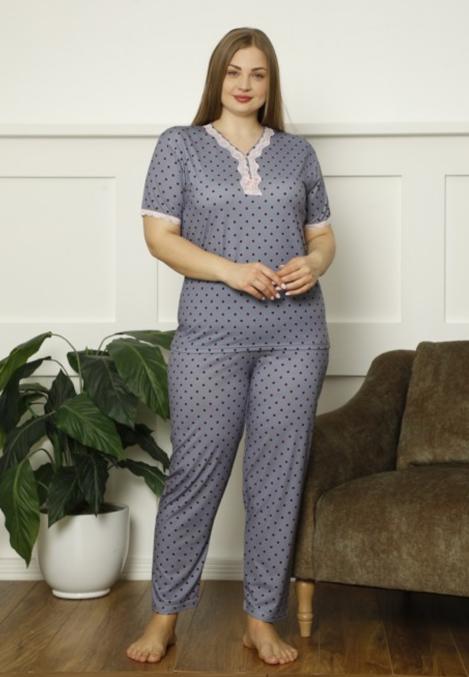 Pijamale damă Big Size, mânecă scurtă, pantaloni lungi, culoare albastru, imprimeu buline