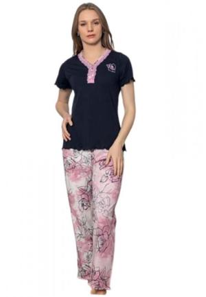 Set pijamale dama cu imprimeu frunza, bluza maneca scurta si pantaloni lungi, culoare negru