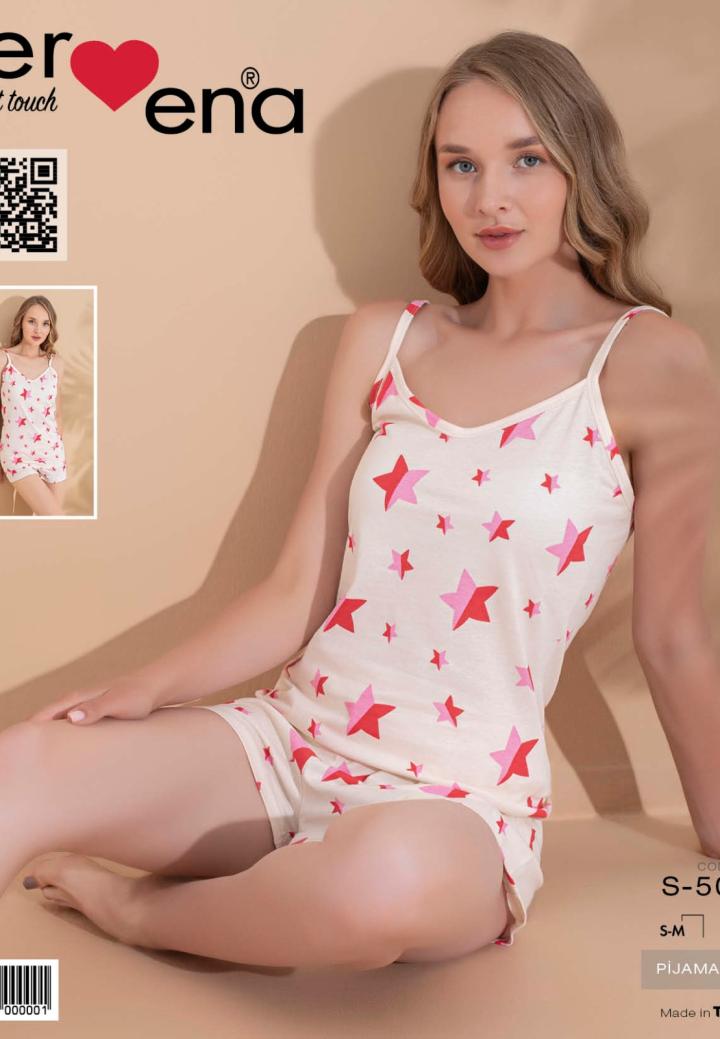 Pijama damă, 100% bumbac, maiou și short, imprimeu stele