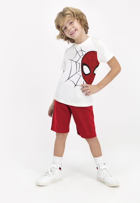 Pijama pentru copii cu tricou si pantaloni trei sferturi, imprimeu Spider Man, culoare alb