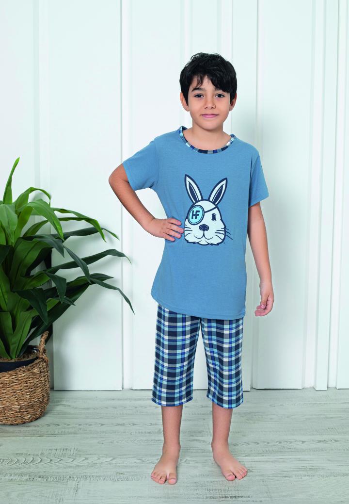 Pijama băieți, mânecă scurtă , imprimeu haios cu iepure, blue
