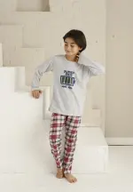 Pijama băieți, mânecă lungă si pantaloni lungi, imprimeu Super Kids, gri