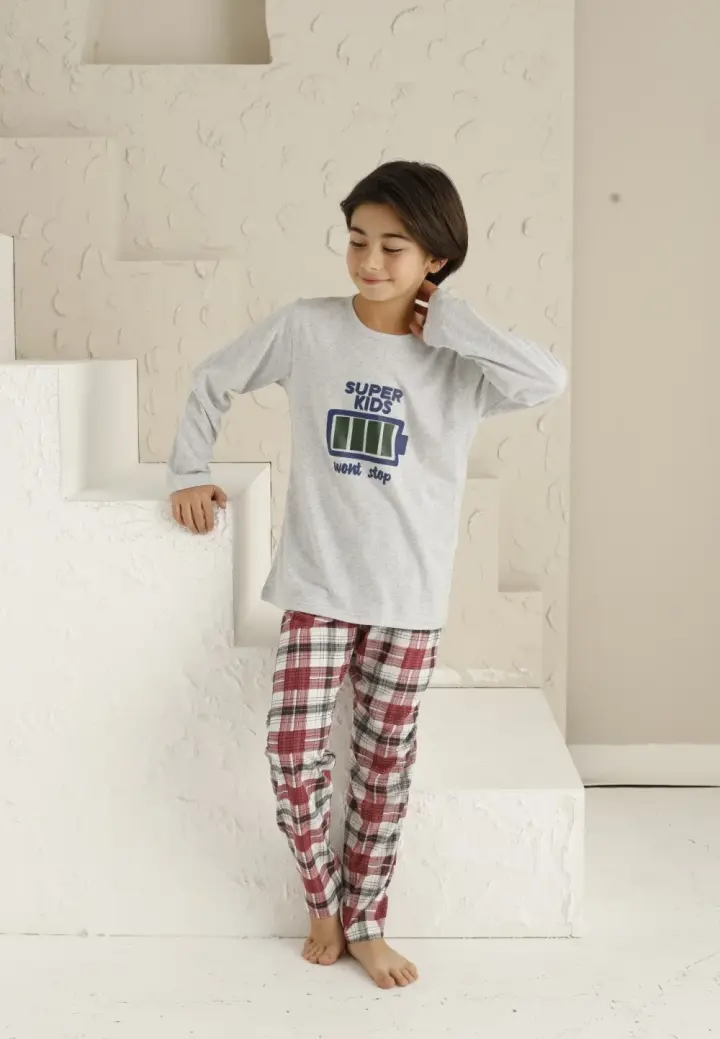 Pijama băieți, mânecă lungă si pantaloni lungi, imprimeu Super Kids, gri