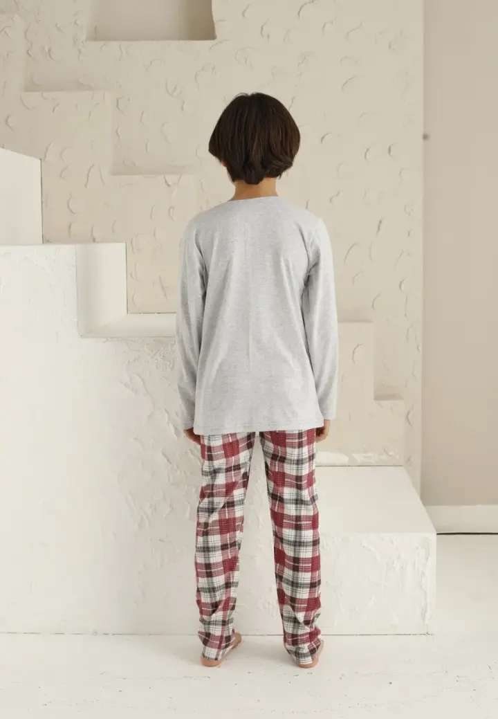 Pijama băieți, mânecă lungă si pantaloni lungi, imprimeu Super Kids, gri