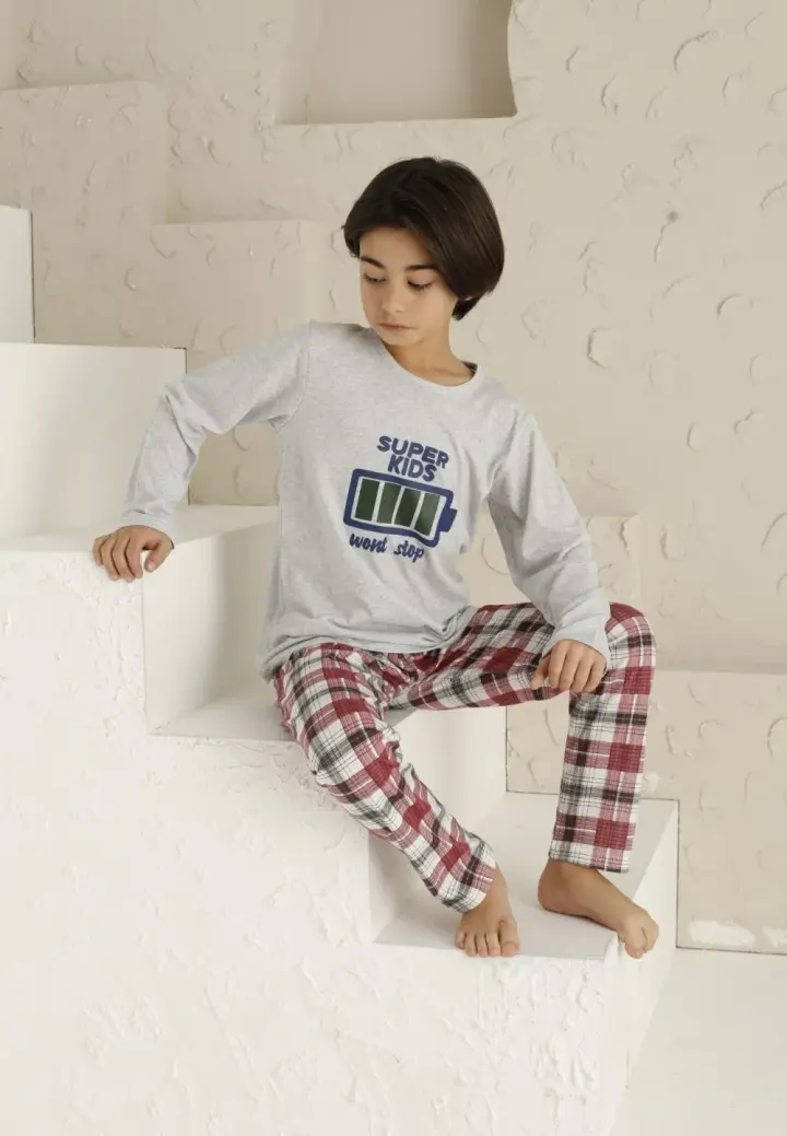 Pijama băieți, mânecă lungă si pantaloni lungi, imprimeu Super Kids, gri