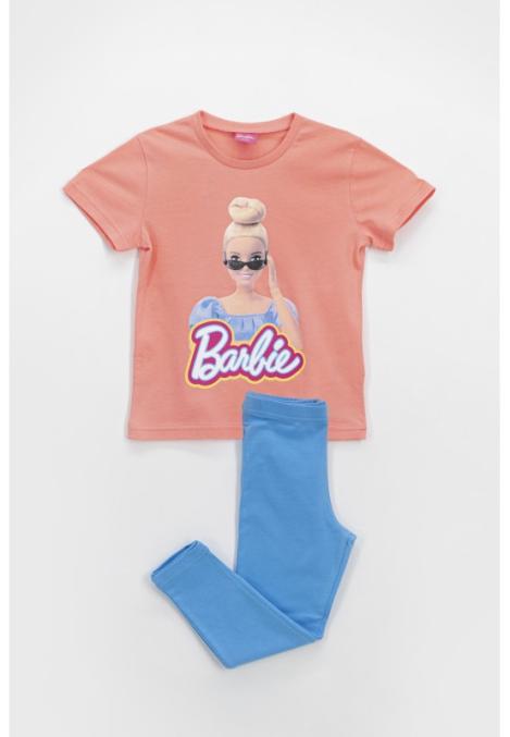 Pijama pentru fetițe Barbie, tricou și colanți culoare corai