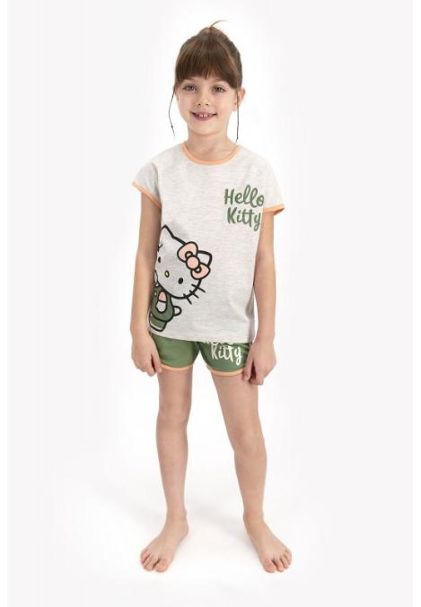 Pijama fete cu tricou și pantalon scurt, imprimeu Hello Kitty, Gri/Verde