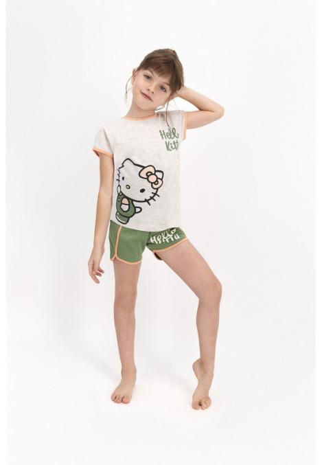 Pijama fete cu tricou și pantalon scurt, imprimeu Hello Kitty, Gri/Verde