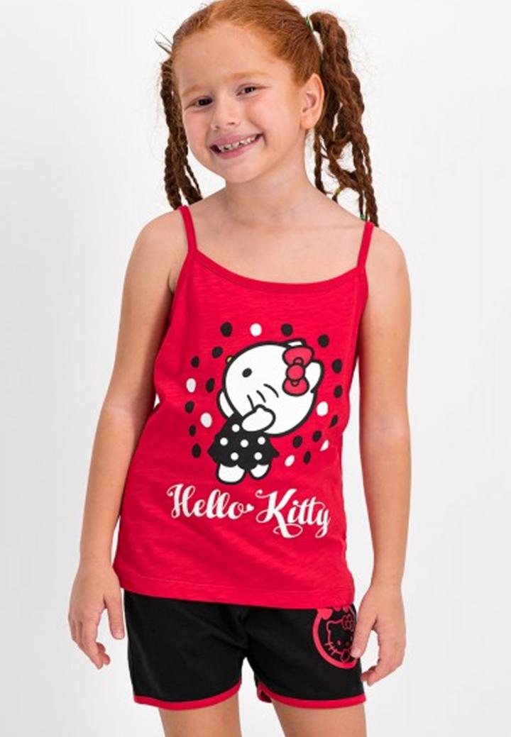Pijama fete cu maiou și pantalon scurt, imprimeu Hello Kitty, Rosu