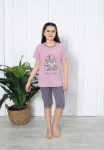 Pijama fetițe cu mânecă scurtă și pantalon 3/4, imprimeu Baby, mov