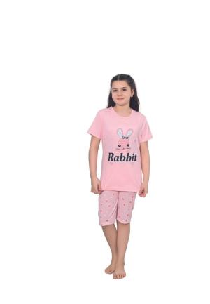 Pijama fetițe cu mânecă scurtă și pantalon 3/4, imprimeu Rabbit, roz deschis