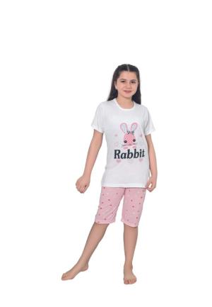 Pijama fetițe cu mânecă scurtă și pantalon 3/4, imprimeu Rabbit, alb