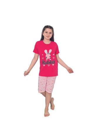 Pijama fetițe cu mânecă scurtă și pantalon 3/4, imprimeu Rabbit, roz închis