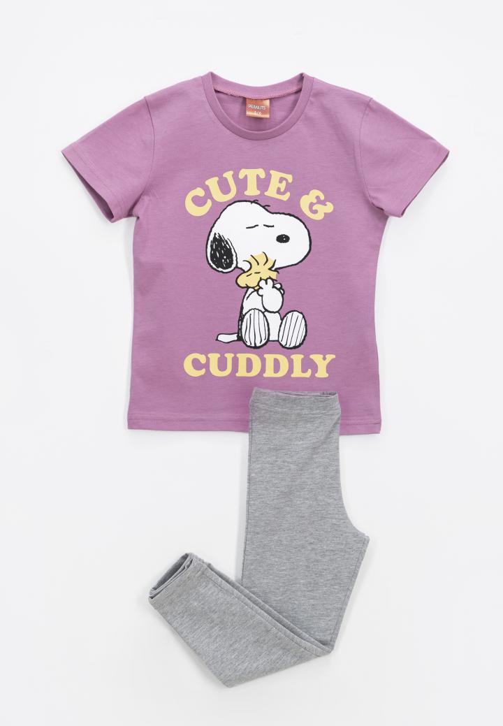 Pijama fetițe mov cu imprimeu „Cute & Cuddly” – bumbac 100%