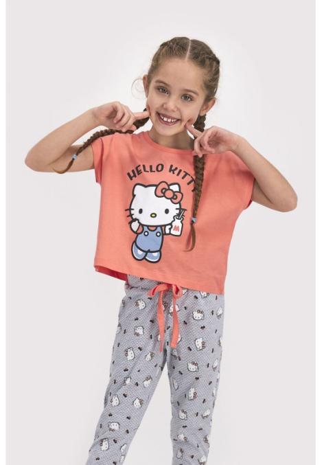 Pijamale pentru copii Hello Kitty, bluza cu mânecă scurtă și pantalon lung, portocaliu