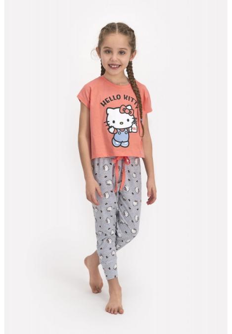 Pijamale pentru copii Hello Kitty, bluza cu mânecă scurtă și pantalon lung, portocaliu