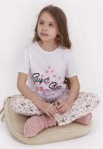 Pijama pentru copii cu tricou și pantaloni lungi, imprimeu cu mesaj și stelute, Alb