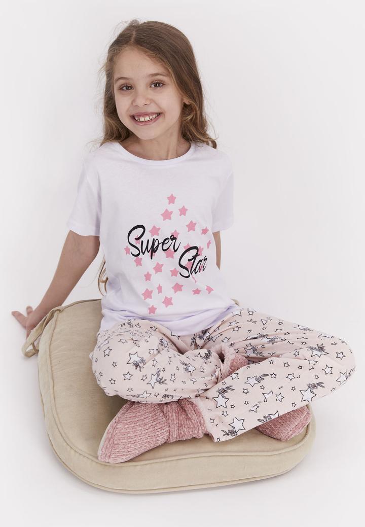 Pijama pentru copii cu tricou și pantaloni lungi, imprimeu cu mesaj și stelute, Alb