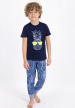 Pijama copii cu tricou și pantaloni lungi, imprimeu ananas, Bleumarin