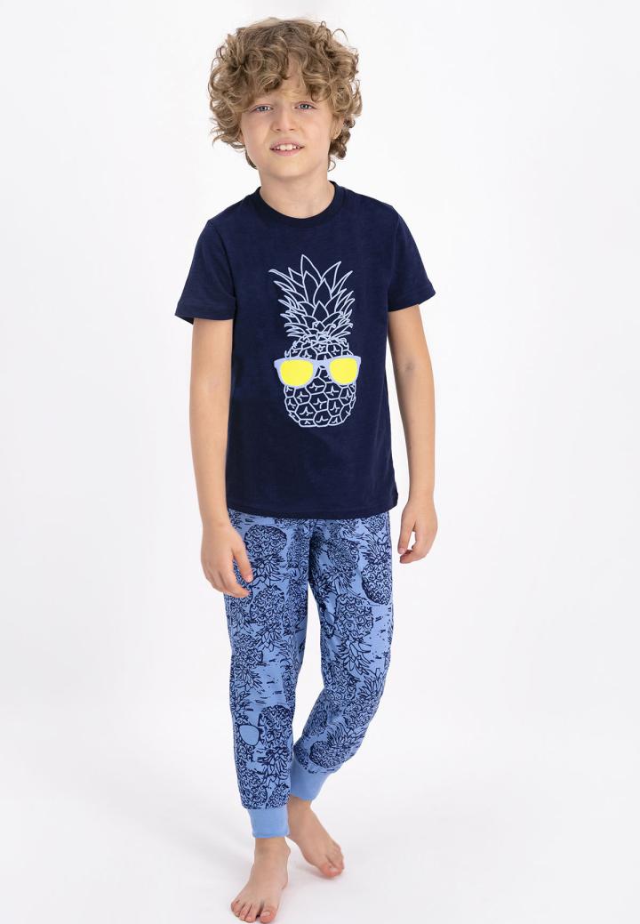 Pijama copii cu tricou și pantaloni lungi, imprimeu ananas, Bleumarin