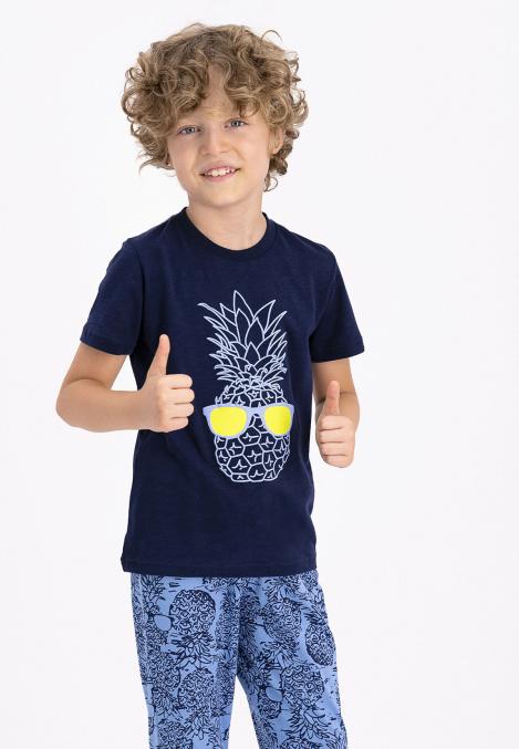 Pijama copii cu tricou și pantaloni lungi, imprimeu ananas, albastru