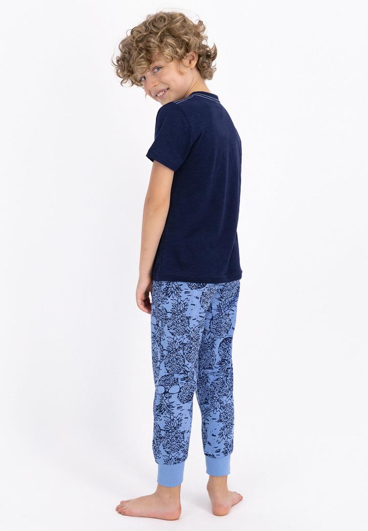 Pijama copii cu tricou și pantaloni lungi, imprimeu ananas, Bleumarin