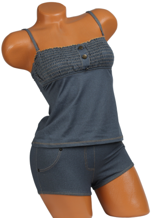 Costum de baie damă două piese imitație denim – maiou cu nasturi și short