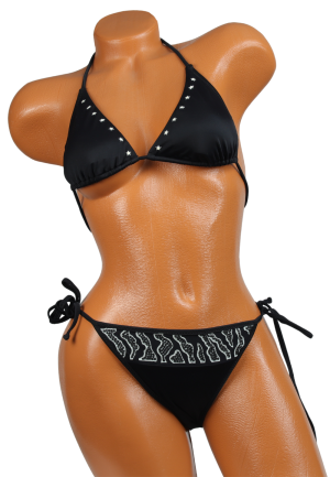 Costum de baie damă negru – 2 piese cu sutien decorat cu steluțe și slip cu paiete