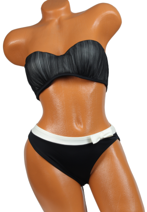 Costum de baie negru cu sclipici – sutien tip scoică cu balene și slip cu bandă albă