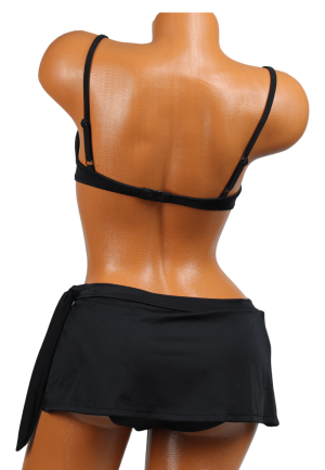 Costum de baie negru cu trandafiri – sutien cu balene și slip cu fustiță