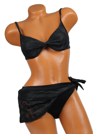 Costum de baie negru cu trandafiri – sutien cu balene și slip cu fustiță