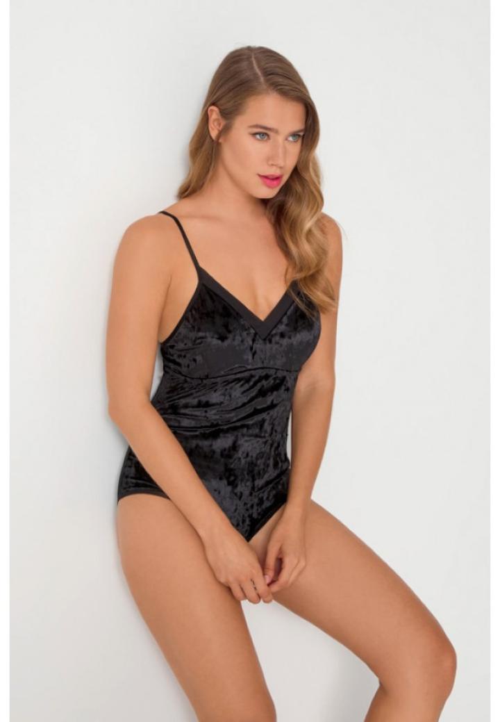 Body dama din catifea, decoltat, inchidere cu nasture, culoare negru