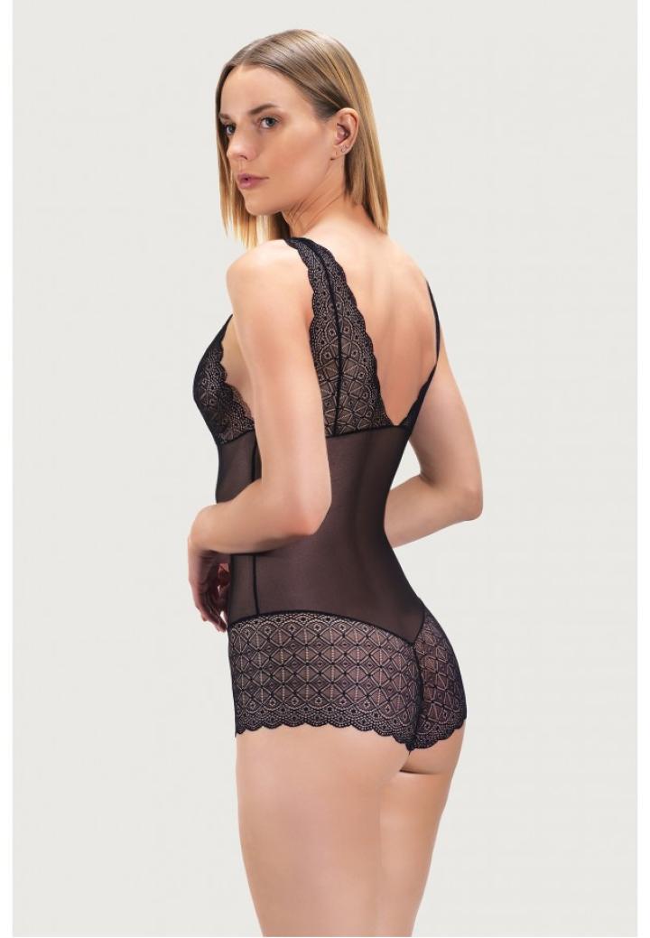 Body de damă transparent din dantelă brodată, culoare negru