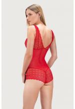 Body de damă transparent din dantelă brodată, culoare rosu
